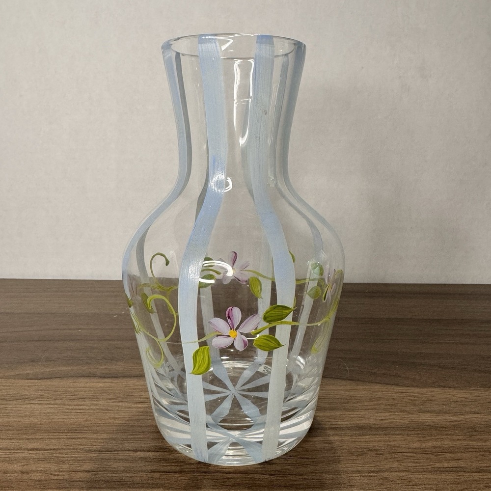 Vtg 1990s FTD Hand Painted Glass Vase Carafe Blue Stripes Purple Flowers 6.5"